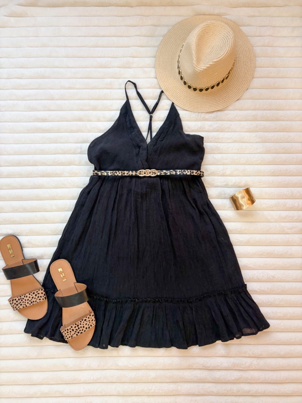 Festival Vacation BUNDLE | Boho Mini Black Dress, Belt, Cuff, & Hat - Summer Fit